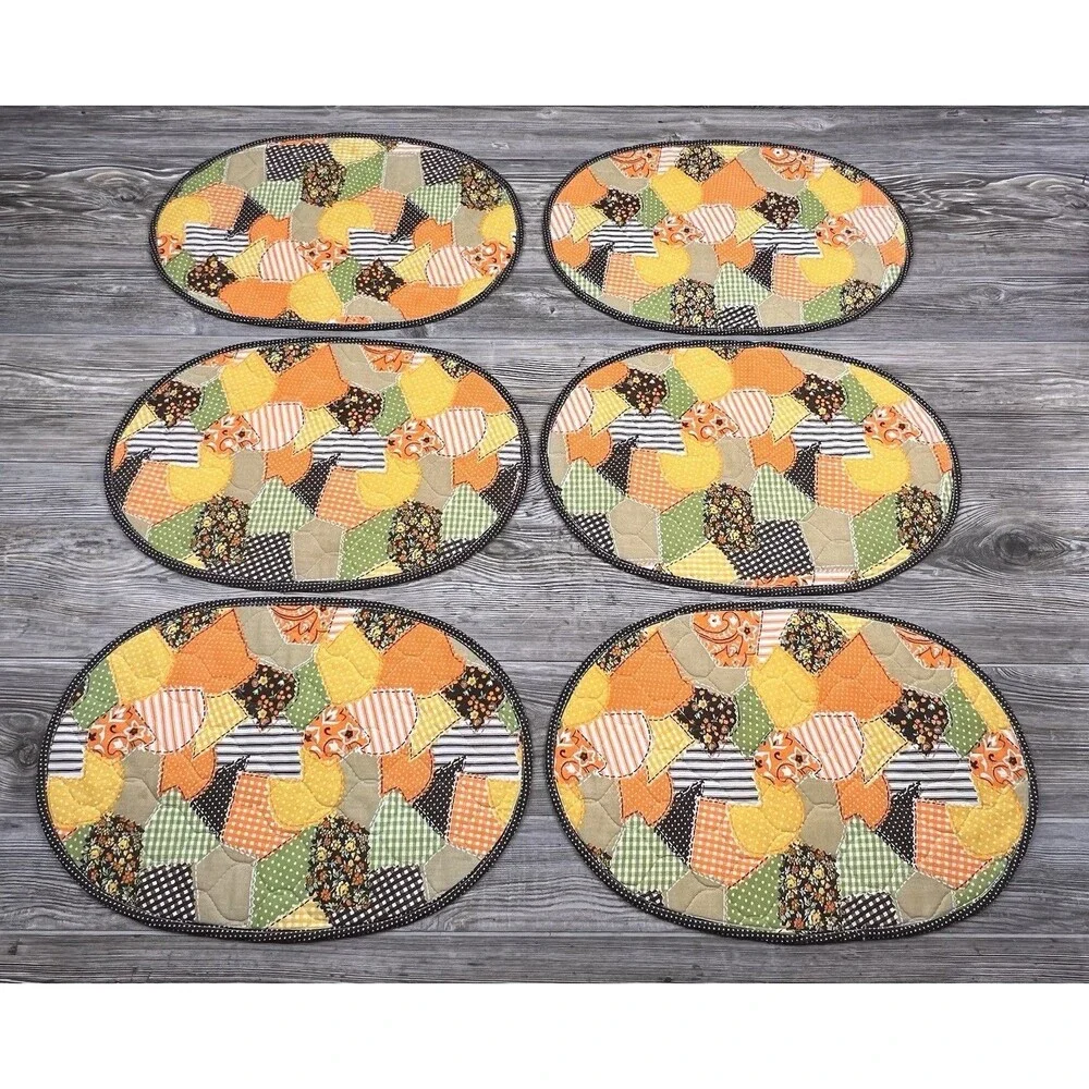 6 Vtg Floral Patchwork Placemats Yellow Orange Avocado Green Retro‎ Kitchen